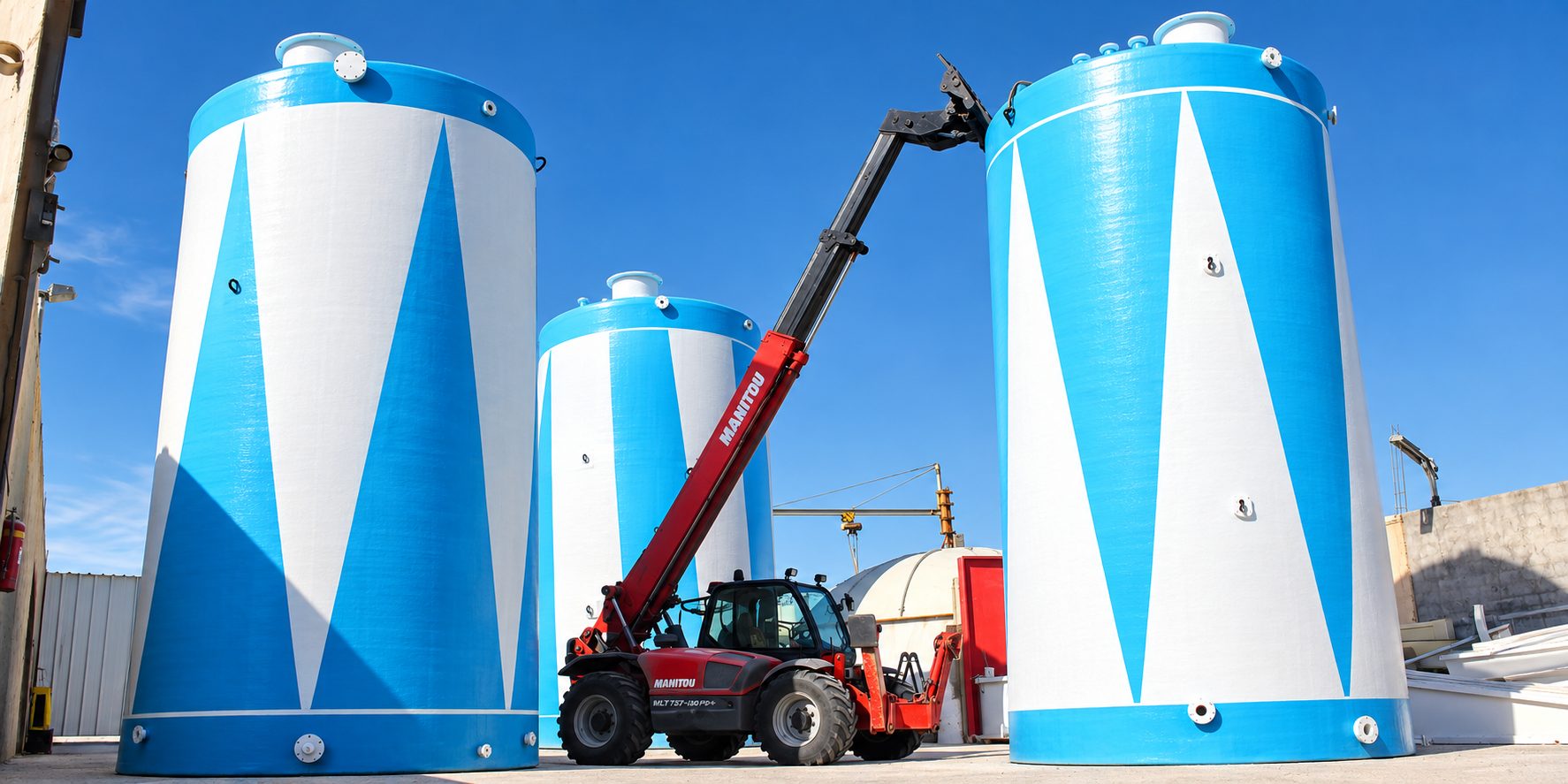 Trois citernes verticales en PRV bleu et blanc dans la cour de l'usine, levées par un chariot télescopique