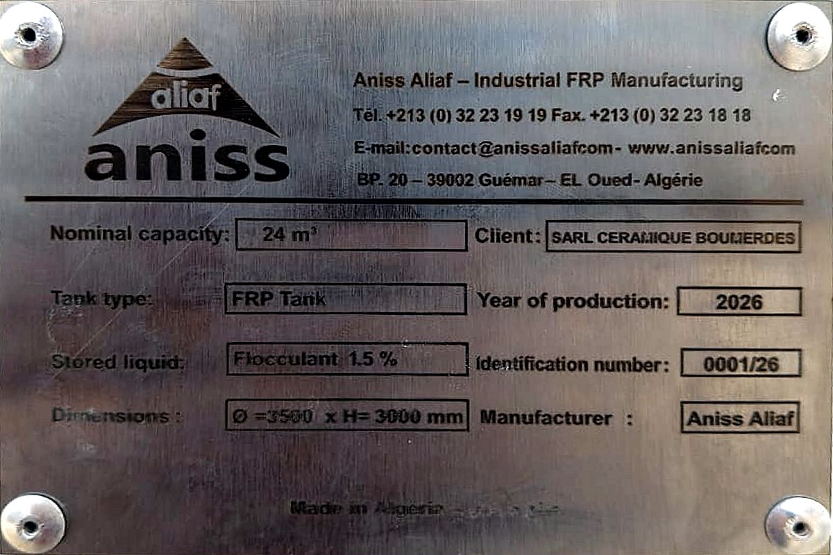 Plaque signalétique Aniss Aliaf : citerne PRV 24 m³, floculant 1,5 %, diamètre 3500 mm, hauteur 3000 mm, année 2026